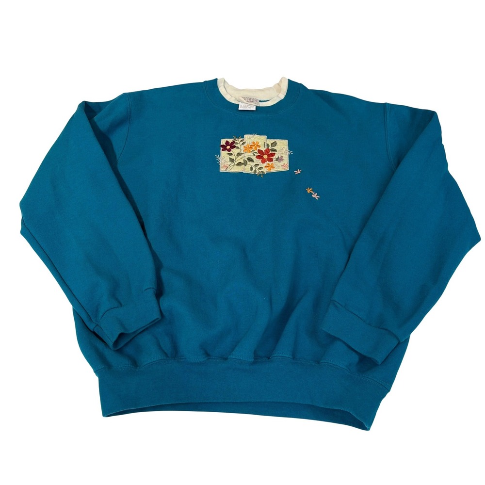 VTG Top Stitch Crewneck Sweatshirt Blue Teal Floral Embroidered Double Collar LG